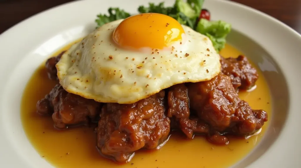 Close-up of a carnitas breakfast plate with a perfectly cooked sunny-side-up egg resting on tender, saucy carnitas, garnished with fresh greens in the background