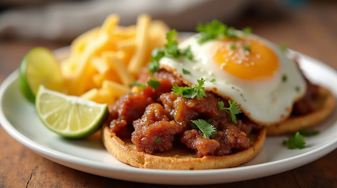 Plate of carnitas breakfast featuring a sunny-side-up egg on top of tender carnitas, served with fries, lime wedges, and garnished with fresh cilantro