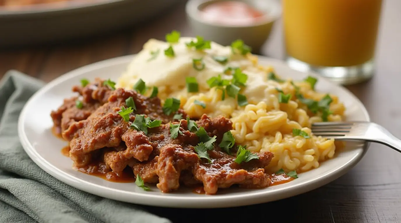 A delicious carnitas breakfast plate featuring tender pork in rich sauce, fluffy scrambled eggs, creamy risotto, garnished with fresh herbs, served with orange juice