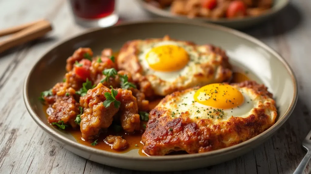 A breakfast plate featuring two golden, sunny-side-up eggs on crispy hash browns, served with saucy carnitas garnished with fresh parsley, set on a rustic wooden table