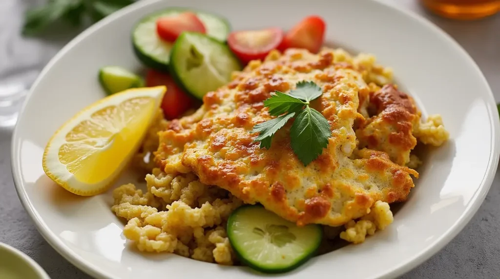 A vibrant breakfast plate featuring a cheesy egg dish served on a bed of scrambled grains, accompanied by fresh cucumber, tomato slices, and a lemon wedge