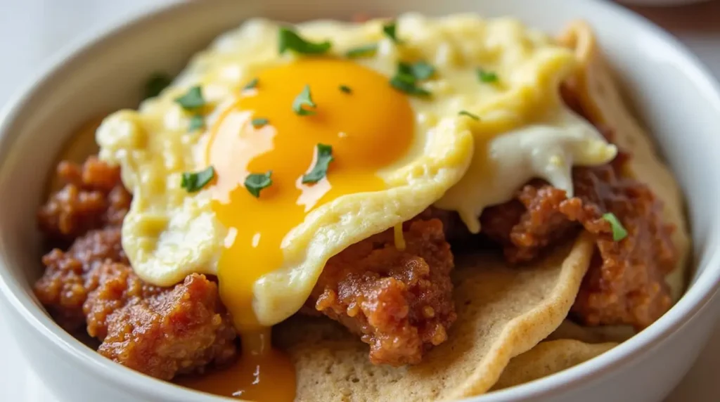 A bowl of hearty breakfast featuring sunny-side-up eggs with a runny yolk, layered over spiced meat and soft tortillas, garnished with fresh herbs