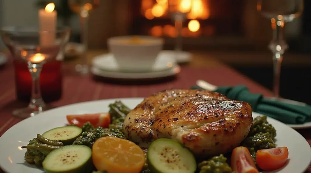 A beautifully roasted chicken breast served with fresh vegetables, including zucchini, tomatoes, and citrus slices, on a festive dinner table with candles and a cozy fireplace in the background