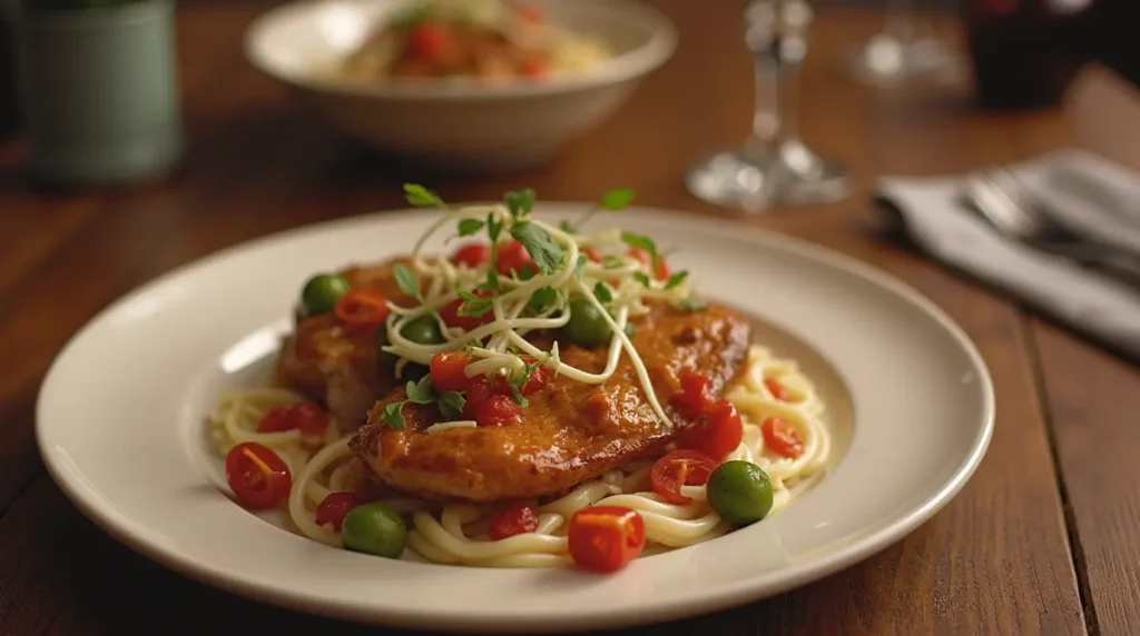 A beautifully plated Christmas dinner for one, featuring glazed chicken over a bed of spaghetti, garnished with cherry tomatoes, green olives, and fresh herbs