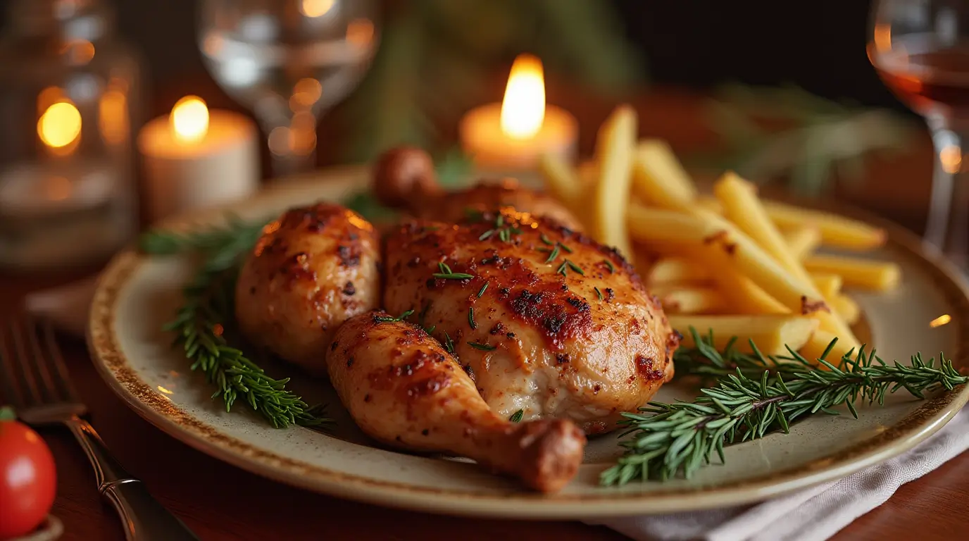 A beautifully plated Christmas dinner for one, featuring a roasted chicken leg with crispy skin, golden fries, and fresh rosemary garnish, set against a cozy candlelit background