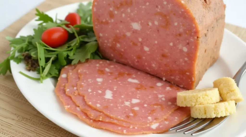 Sliced mortadella on a white plate with arugula, cherry tomatoes, and bread slices
