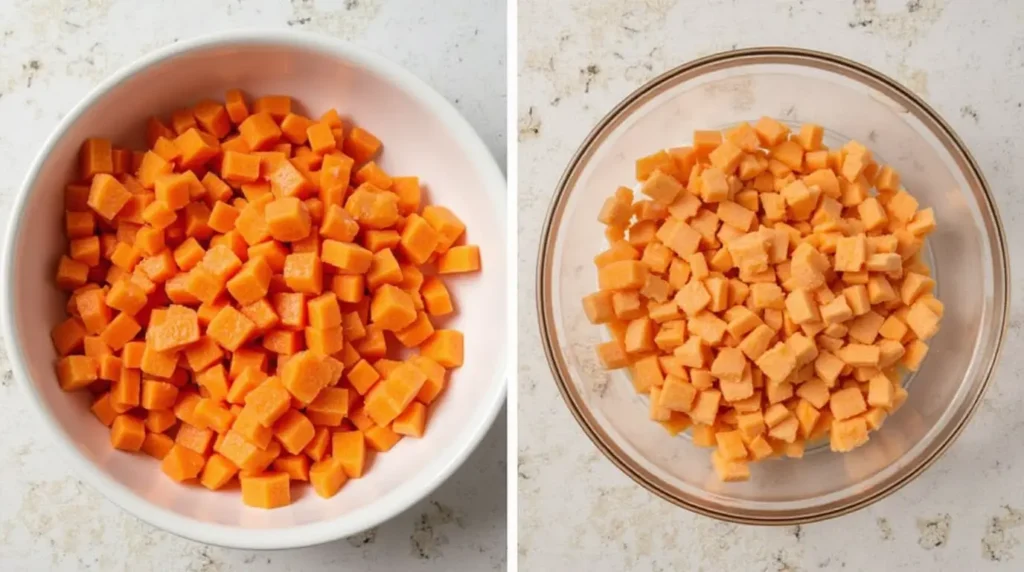 A side-by-side comparison of fresh and frozen diced carrots in white and glass bowls.