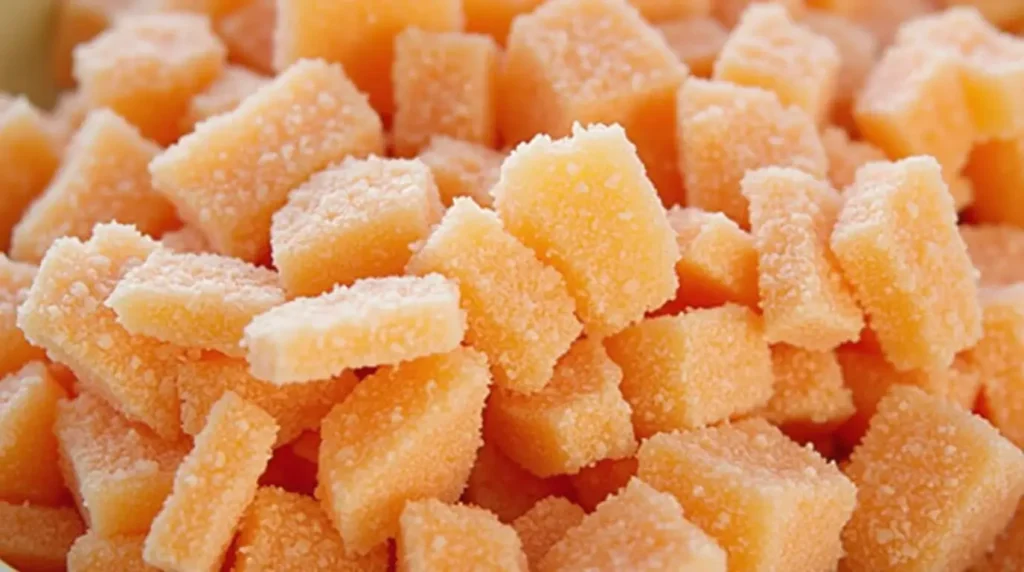 Close-up of frozen diced carrots, showing their frosty texture and bright orange color.Title: Frozen Diced Carrots for Quick and Healthy Cooking