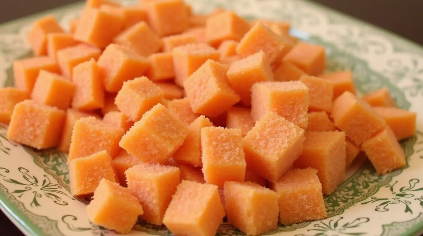 A plate filled with frozen diced carrots, neatly arranged in small cubes, ready for cooking