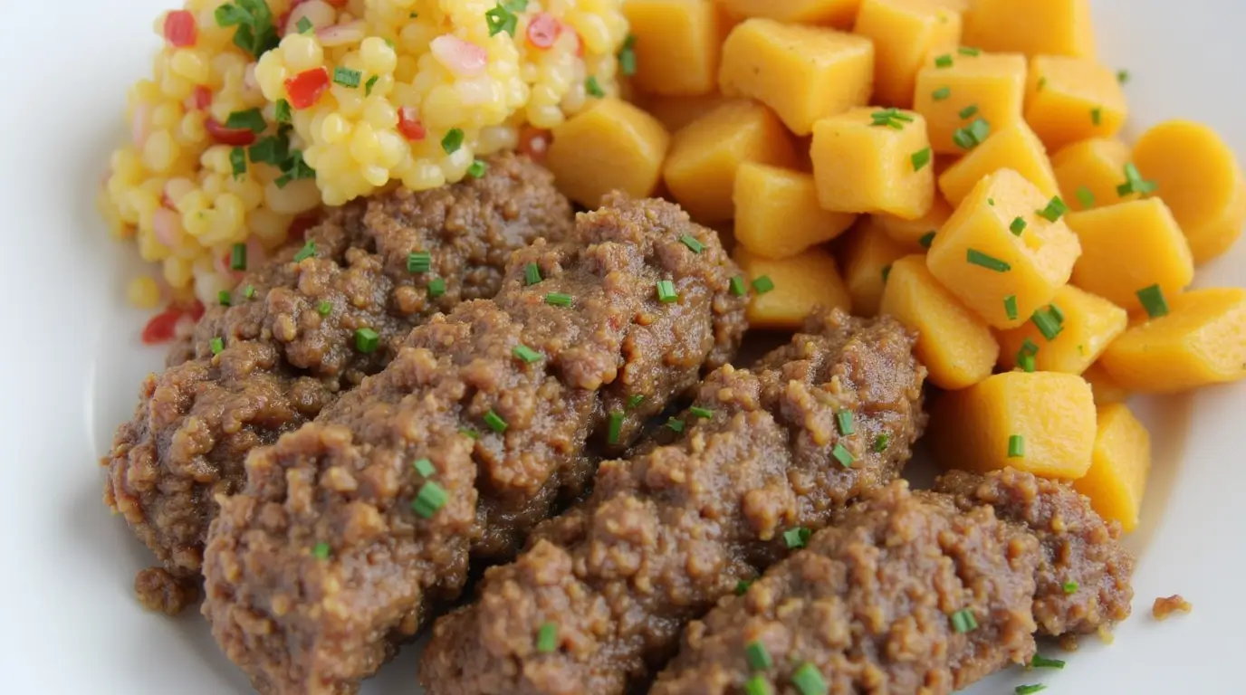 A delicious ground sausage dish served with diced potatoes and couscous salad, garnished with fresh herbs