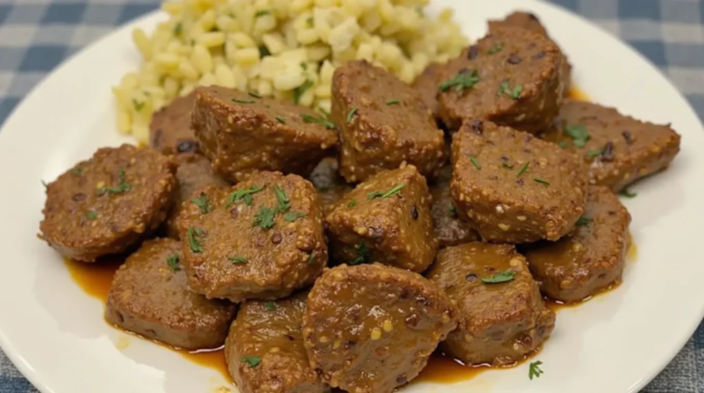 Sliced ground sausage pieces served in a savory sauce, garnished with fresh parsley and paired with a side of cooked pasta