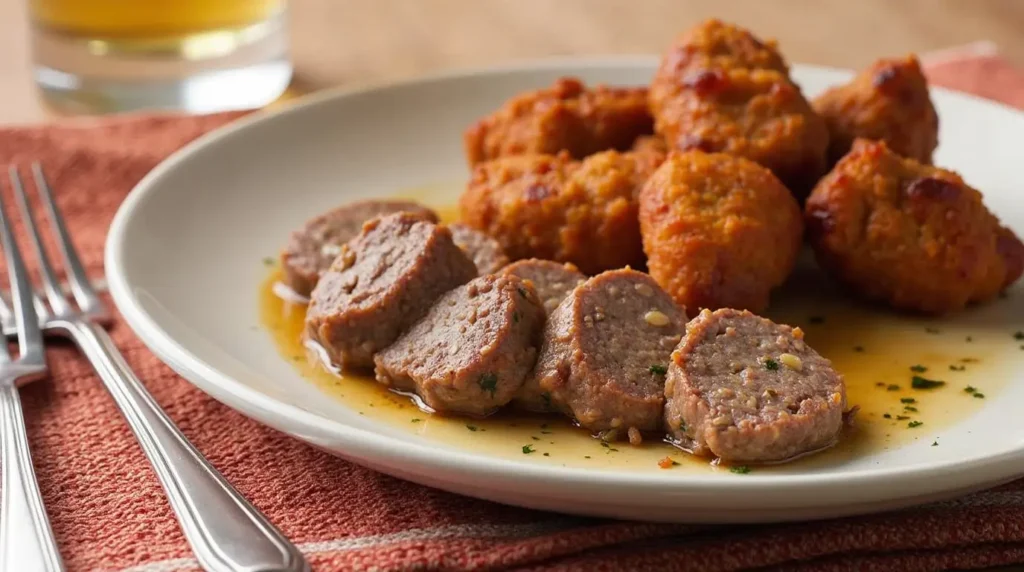 Sliced ground sausage in a savory sauce, paired with crispy meatballs on a plate, set on an orange napkin with utensils