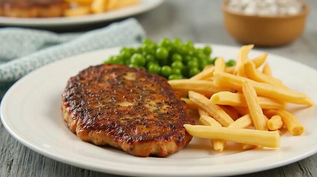 Grilled meat patty served with green peas and crispy fries on a white plate, a wholesome dinner option