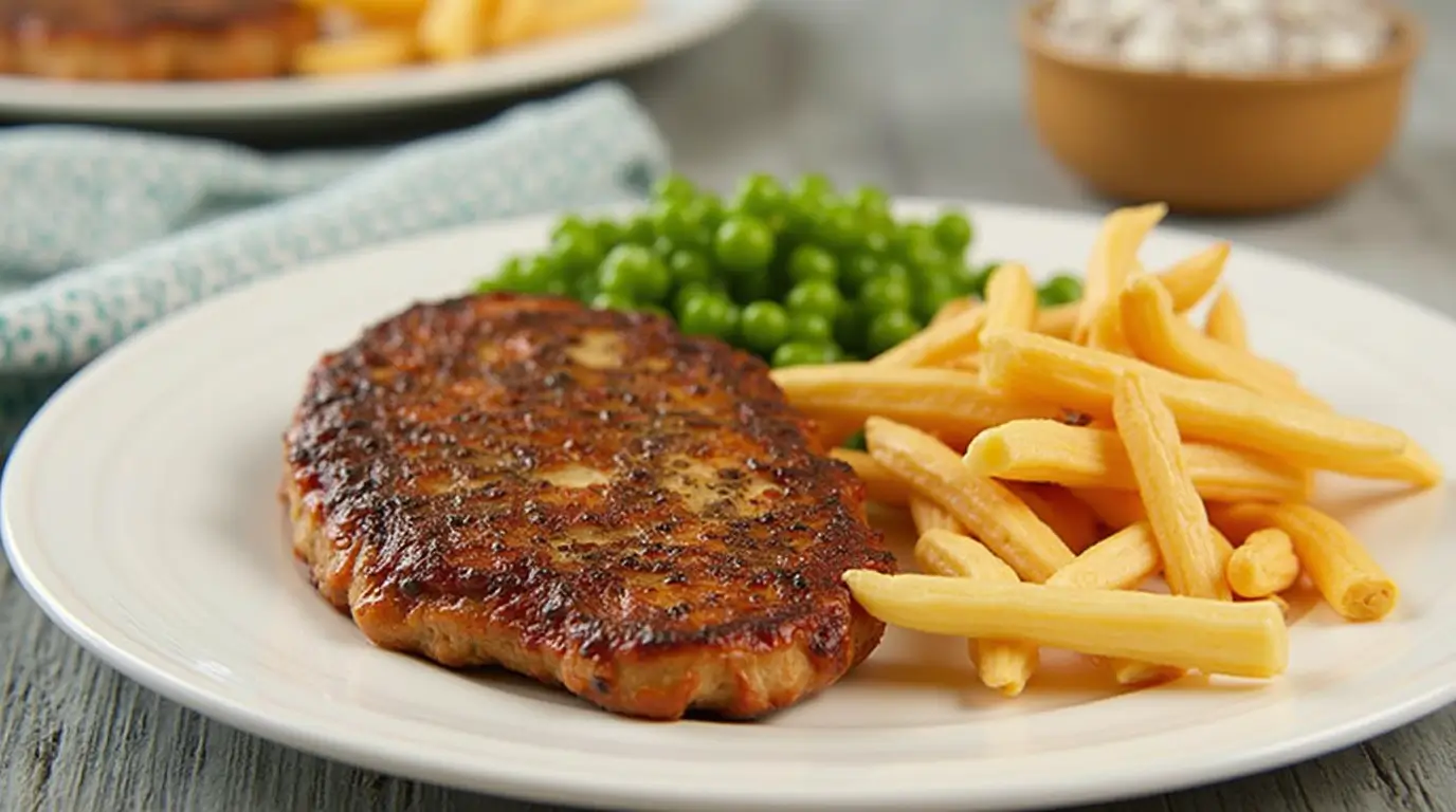 Grilled meat patty served with green peas and crispy fries on a white plate, a wholesome dinner option