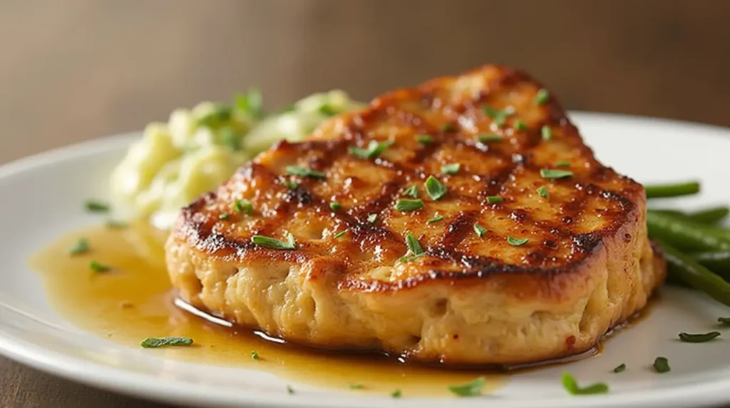 Grilled chicken breast with a golden glaze, garnished with herbs and served with mashed potatoes and green beans
