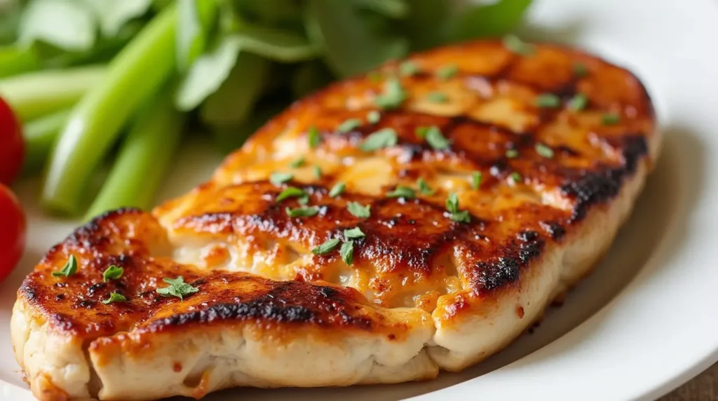 Juicy grilled chicken breast garnished with fresh herbs, served with leafy greens, celery sticks, and cherry tomatoes