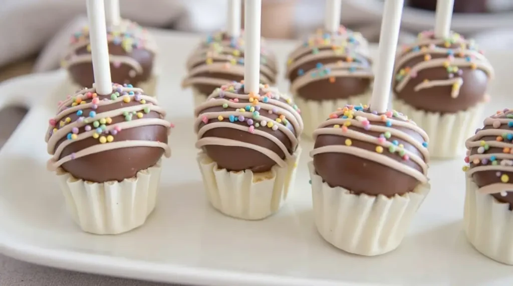 Homemade cake pops with colorful sprinkles and drizzled icing on white cupcake liners, perfect for any occasion