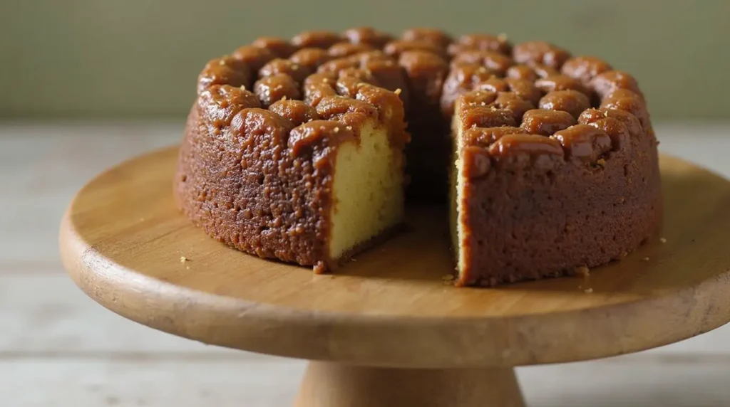 A caramel-glazed bundt-style Queen's Cake with a slice removed, placed on a rustic wooden cake stand.