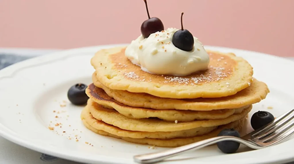 A stack of golden pancakes topped with a dollop of whipped cream and cherries, garnished with blueberries on a white plate
