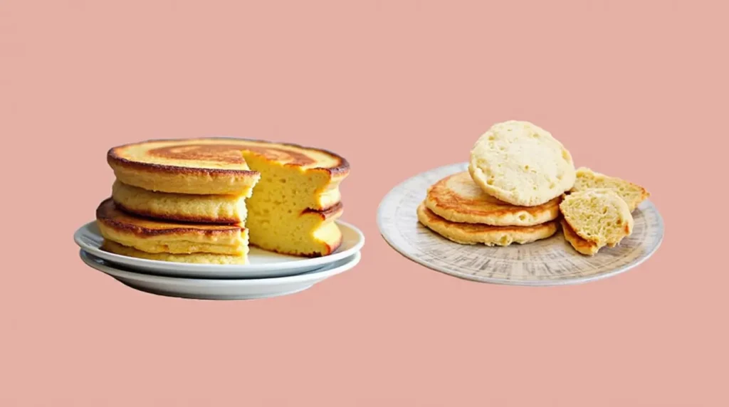 Two variations of pancakes on separate plates: a stack of thick, fluffy pancakes with a slice removed on one plate, and thinner, slightly textured pancakes with one torn open to reveal the inside on the other.