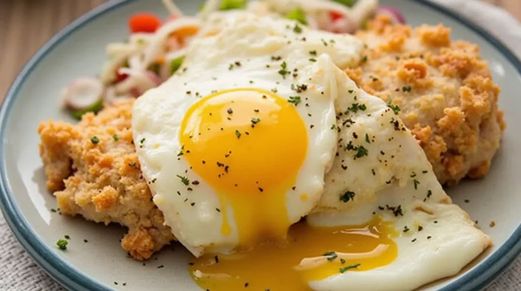Crispy chicken cutlet topped with a sunny-side-up egg, served with a fresh vegetable salad. Title: Chicken Breakfast Plate with Egg and Salad
