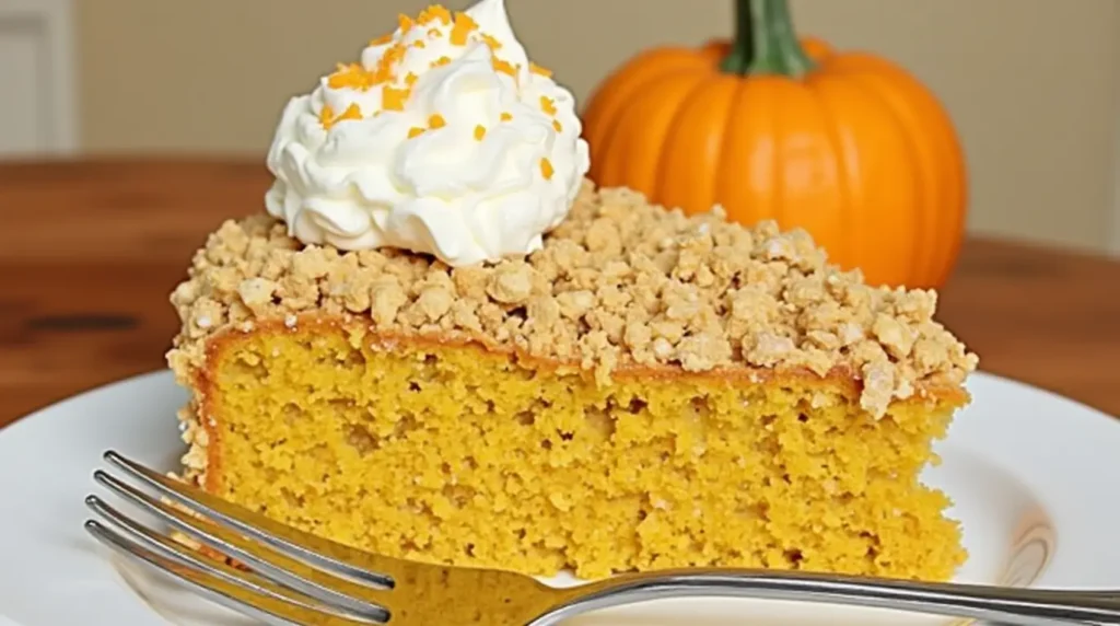 A slice of pumpkin dump cake topped with whipped cream and orange zest, served on a white plate with a fork, with a small pumpkin in the background