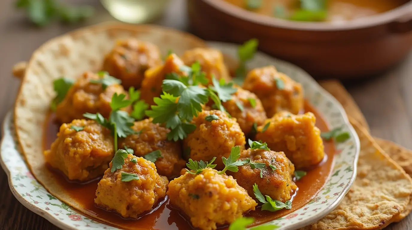 Close-up of Indian vegetarian kofta curry garnished with fresh coriander, served on a plate with naan bread