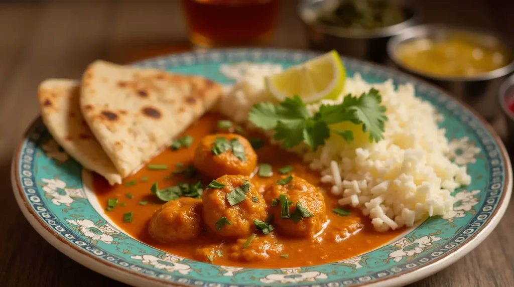 Indian vegetarian dinner plate featuring creamy curry with dumplings, naan bread, basmati rice, and a lemon wedge, garnished with cilantro