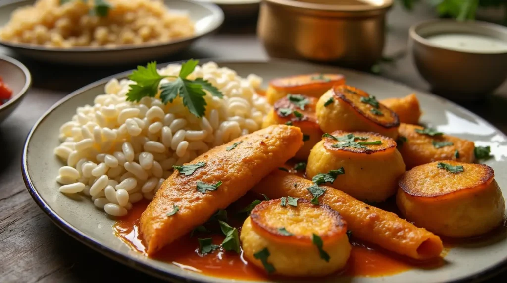 Plate of Indian vegetarian curry with white beans, golden fried dumplings, and curry sauce, garnished with fresh cilantro