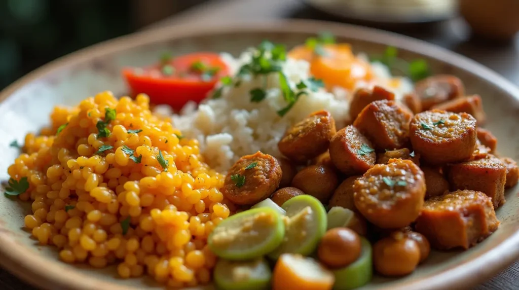 Indian vegetarian dinner plate with lentil curry, white rice, fried vegetable rolls, and a side of fresh garnishes