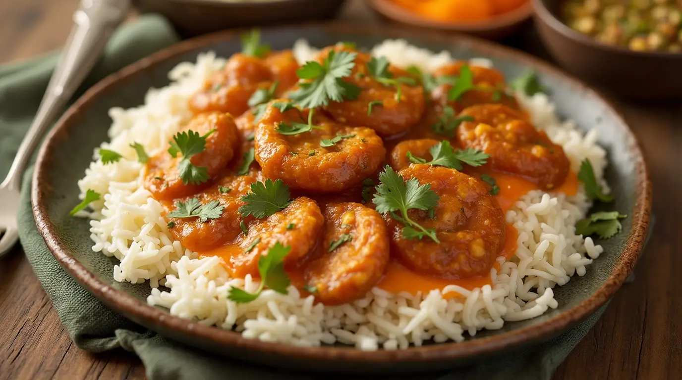 Indian vegetarian dinner recipe - spicy tomato curry with dumplings served on a bed of basmati rice, garnished with fresh cilantro