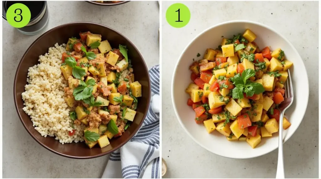 Two kidney-friendly vegetarian meals featuring a mix of cubed vegetables, herbs, and plant-based protein, with one dish served alongside whole grains.