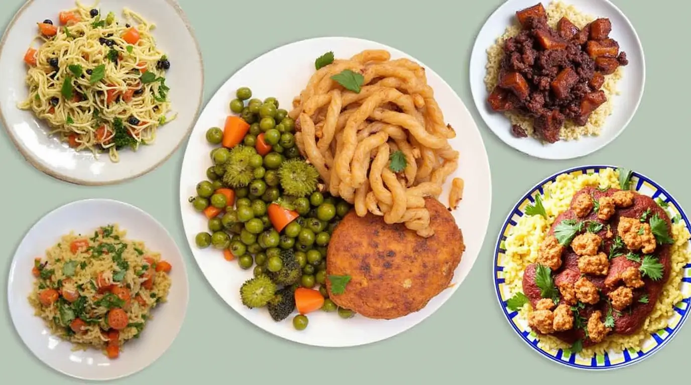 A variety of kidney-friendly vegetarian meals, including pasta dishes, vegetable stir-fries, and plant-based protein options, served on colorful plates