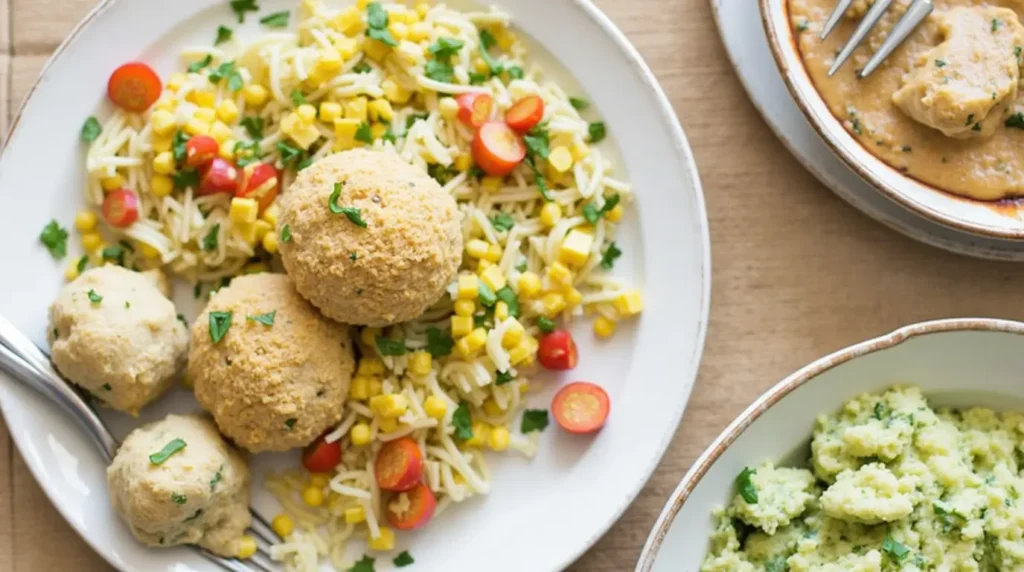 A kidney-friendly vegetarian meal featuring pasta with cherry tomatoes and corn, served with plant-based protein balls and a side of vegetable mash.