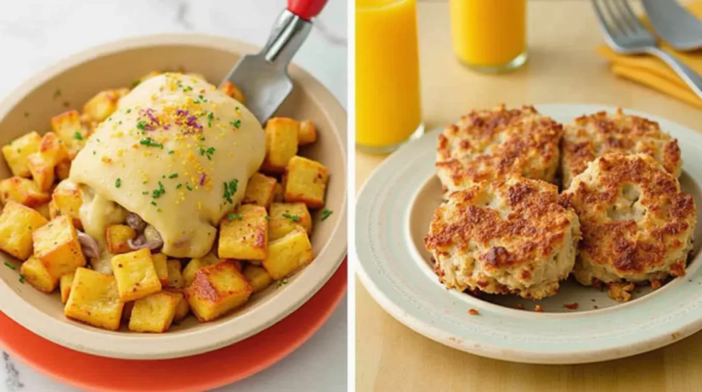 Delicious family dinner with cheesy baked chicken over roasted potatoes and golden, crispy homemade fish cakes served with fresh orange juice