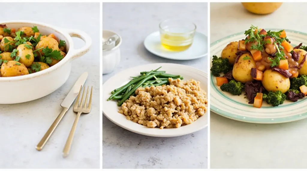 Three healthy dinner ideas featuring roasted baby potatoes, green beans with minced protein, and veggie-topped potatoes with broccoli