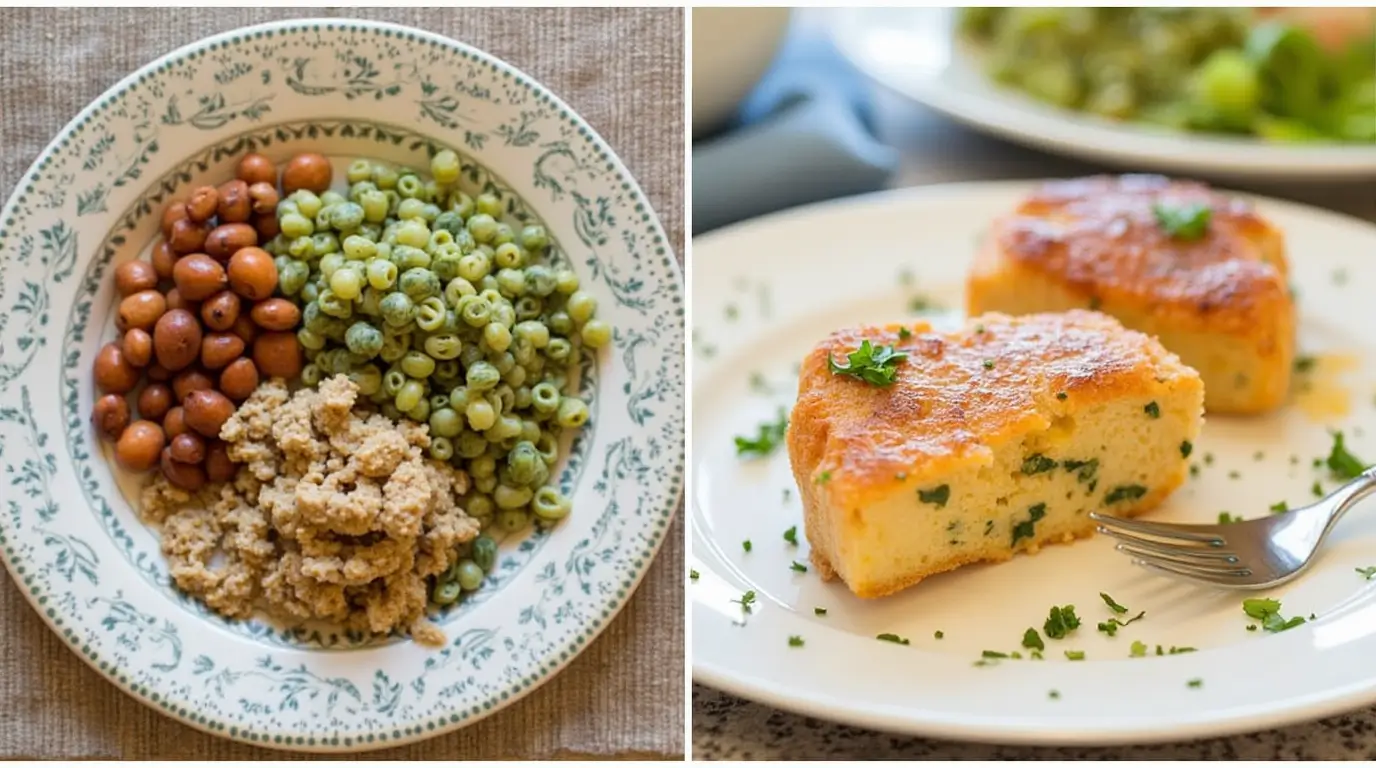 Plate with wholesome dinner of roasted beans, green peas, couscous, and a side of golden baked potato cakes garnished with fresh herbs