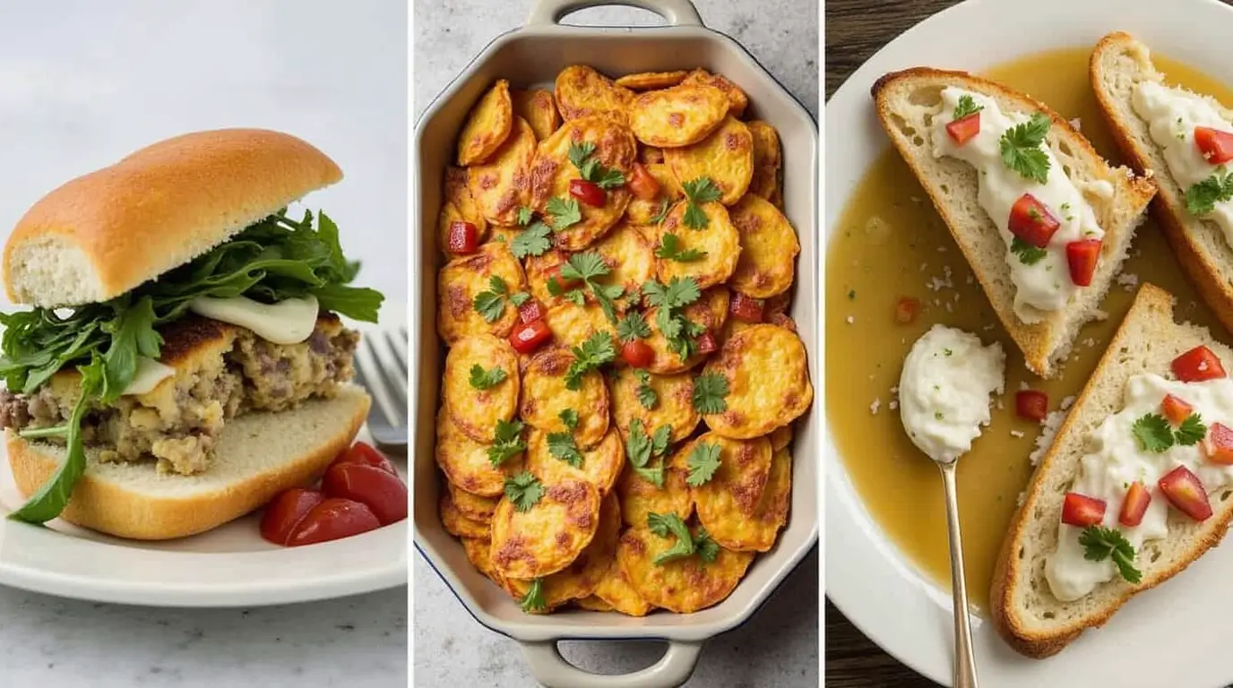 A collage of Lebanese-inspired lunch dishes including a kafta burger with arugula and tahini sauce, golden roasted potatoes garnished with parsley, and bread topped with labneh, diced tomatoes, and herbs, served with a light soup