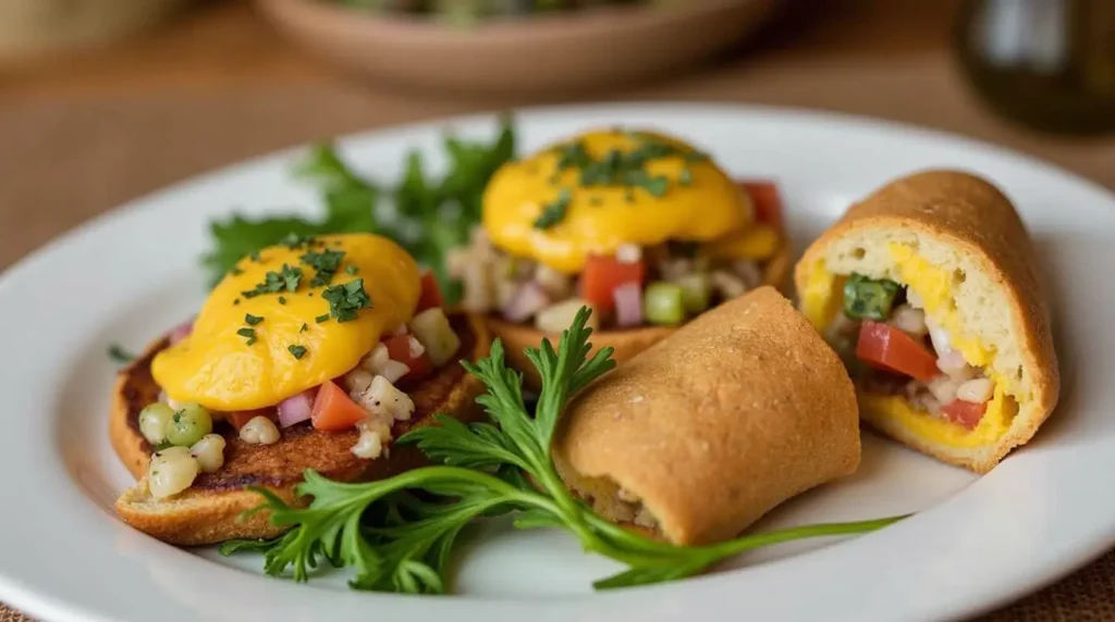 A plate of Lebanese-inspired appetizers, including mini flatbreads topped with fresh vegetables and melted cheese, and stuffed bread rolls filled with vegetables and herbs, garnished with parsley