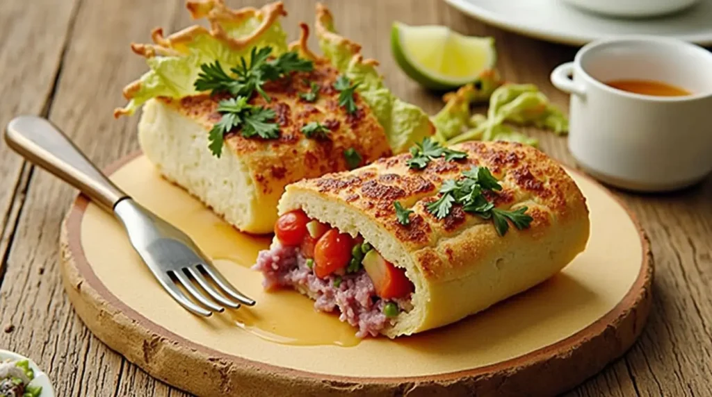 A Lebanese-inspired stuffed bread roll, filled with minced meat, cherry tomatoes, and vegetables, garnished with parsley, served with a light sauce and lettuce