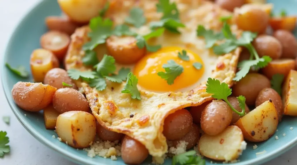 A plate of golden, crispy baby potatoes served with a perfectly fried egg, garnished with fresh cilantro for a classic Mexican breakfast