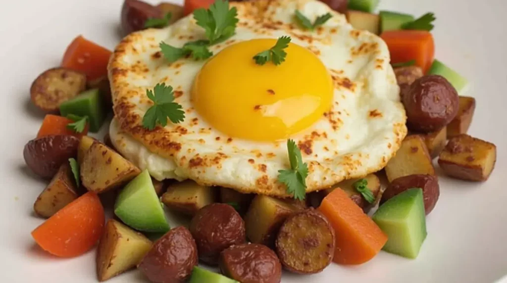 A delicious Mexican breakfast dish featuring crispy roasted potatoes, diced vegetables, and a perfectly fried egg garnished with fresh cilantro