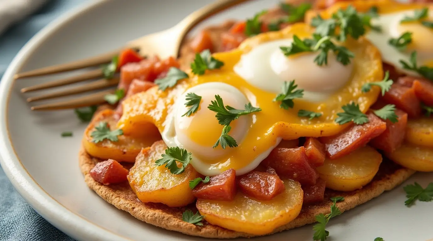 A delicious Mexican breakfast featuring crispy potatoes, diced ham, and two perfectly cooked eggs on a crispy tortilla, garnished with fresh cilantro