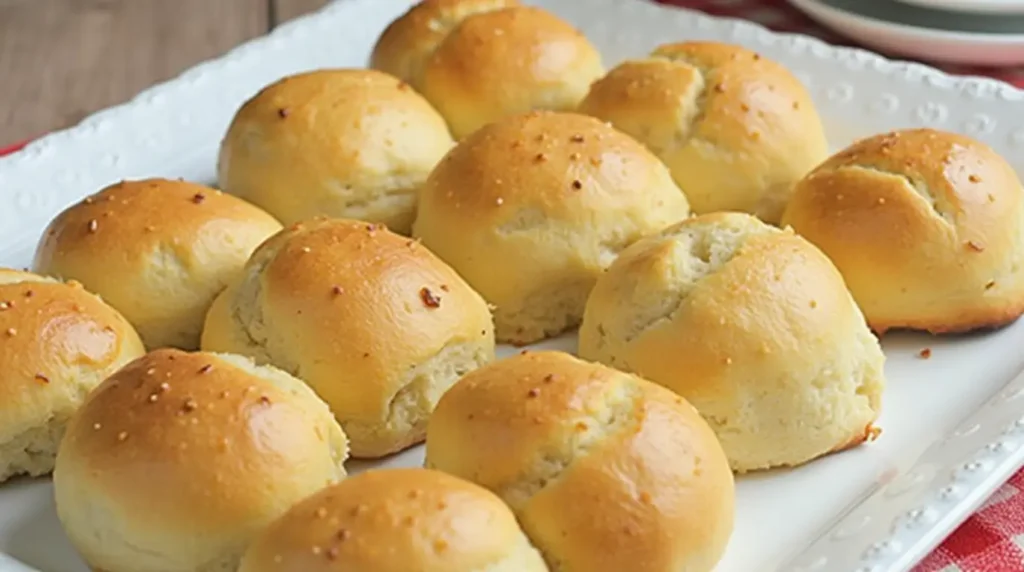 Golden-brown no-yeast dinner rolls served on a white platter with a rustic wooden backdrop