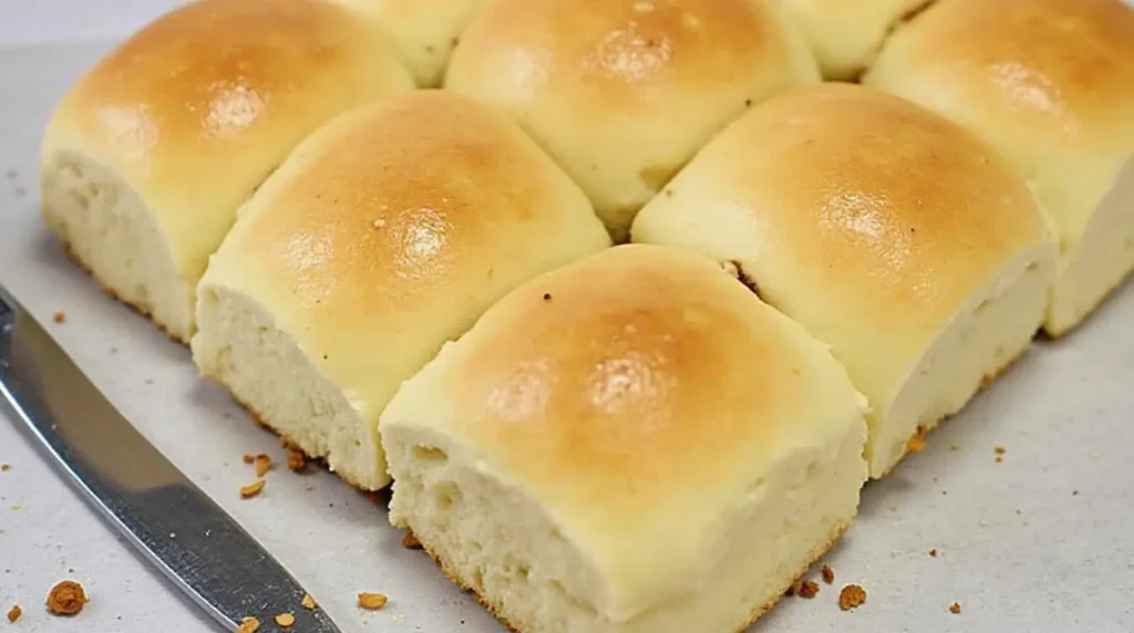 Soft and fluffy no-yeast dinner rolls with a golden crust, sliced into portions on a baking sheet