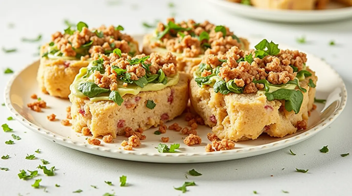 plate of four PCOS-friendly savory muffins topped with fresh spinach, avocado spread, and crumbled protein, garnished with parsley