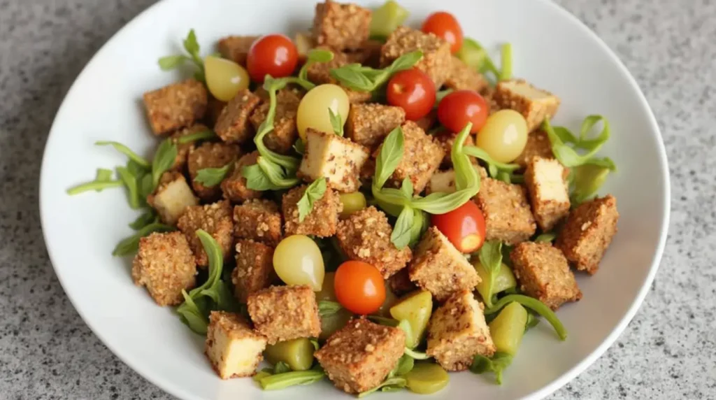 A bowl of crispy, breaded tofu cubes mixed with cherry tomatoes, green grapes, and fresh greens.