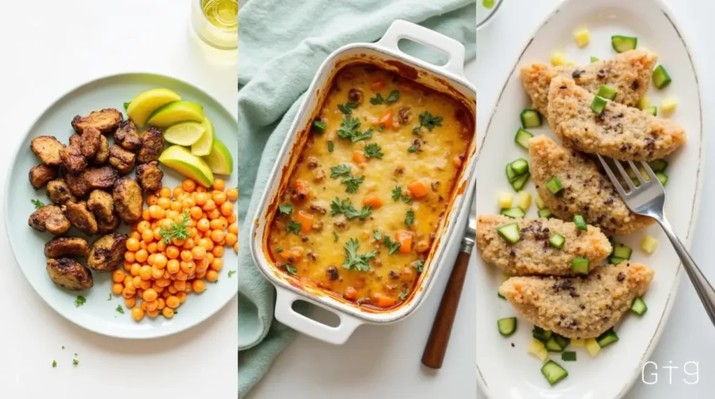  A collage of three PCOS-friendly meals, including roasted mushrooms with chickpeas and avocado, a baked vegetable and protein casserole, and quinoa patties with cucumber garnish