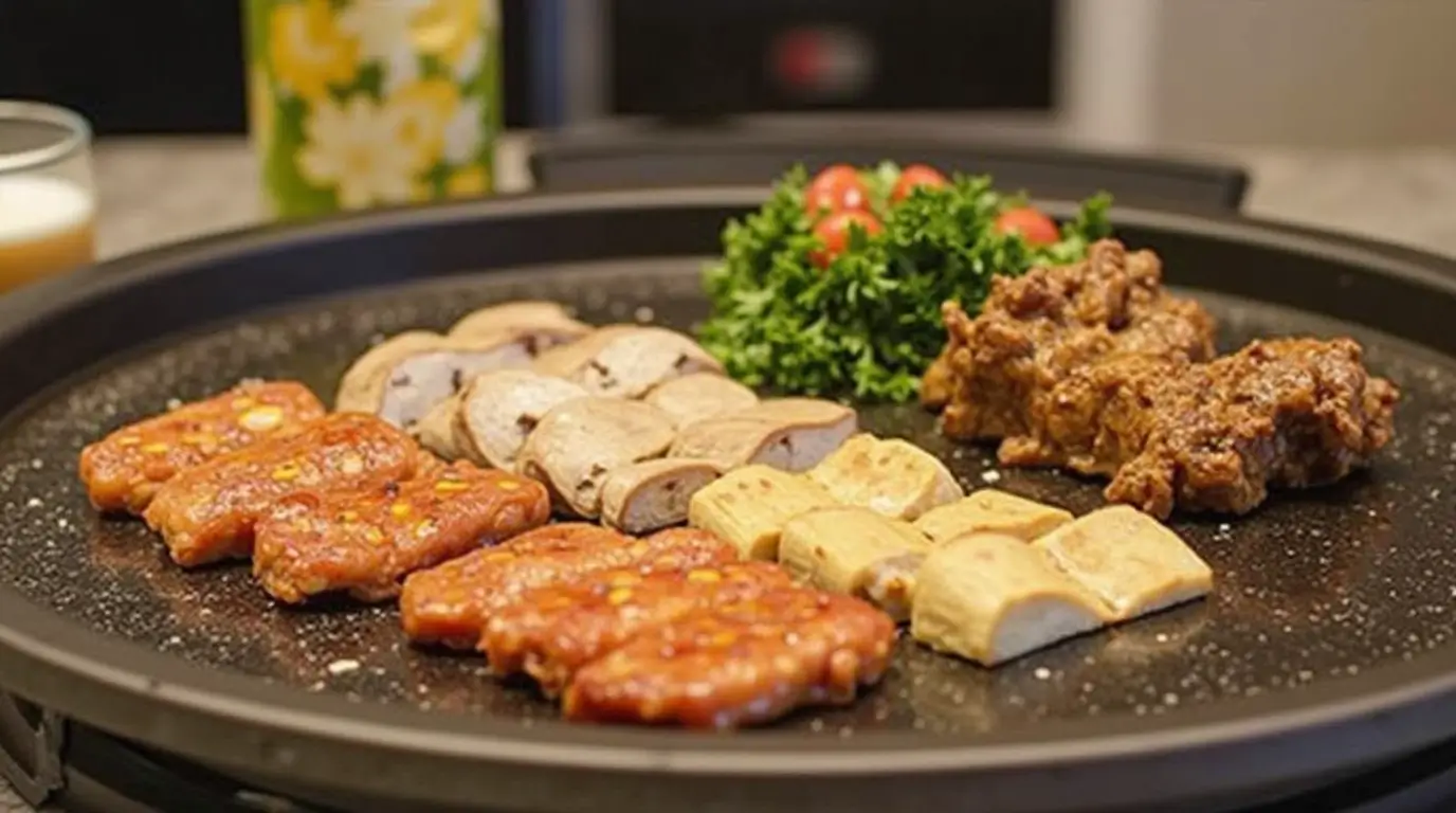 An assortment of sizzling ingredients including marinated meat, sliced mushrooms, tofu, and fresh parsley served on a hot teppanyaki plate