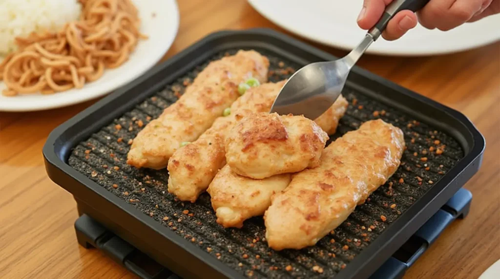 Golden-brown grilled chicken tenders on a hot plate, served with side dishes of noodles and steamed rice in the background